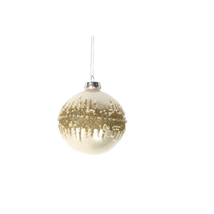 Gisela Graham Cream Glass Ball w Gold Spiky Glitter Band-2